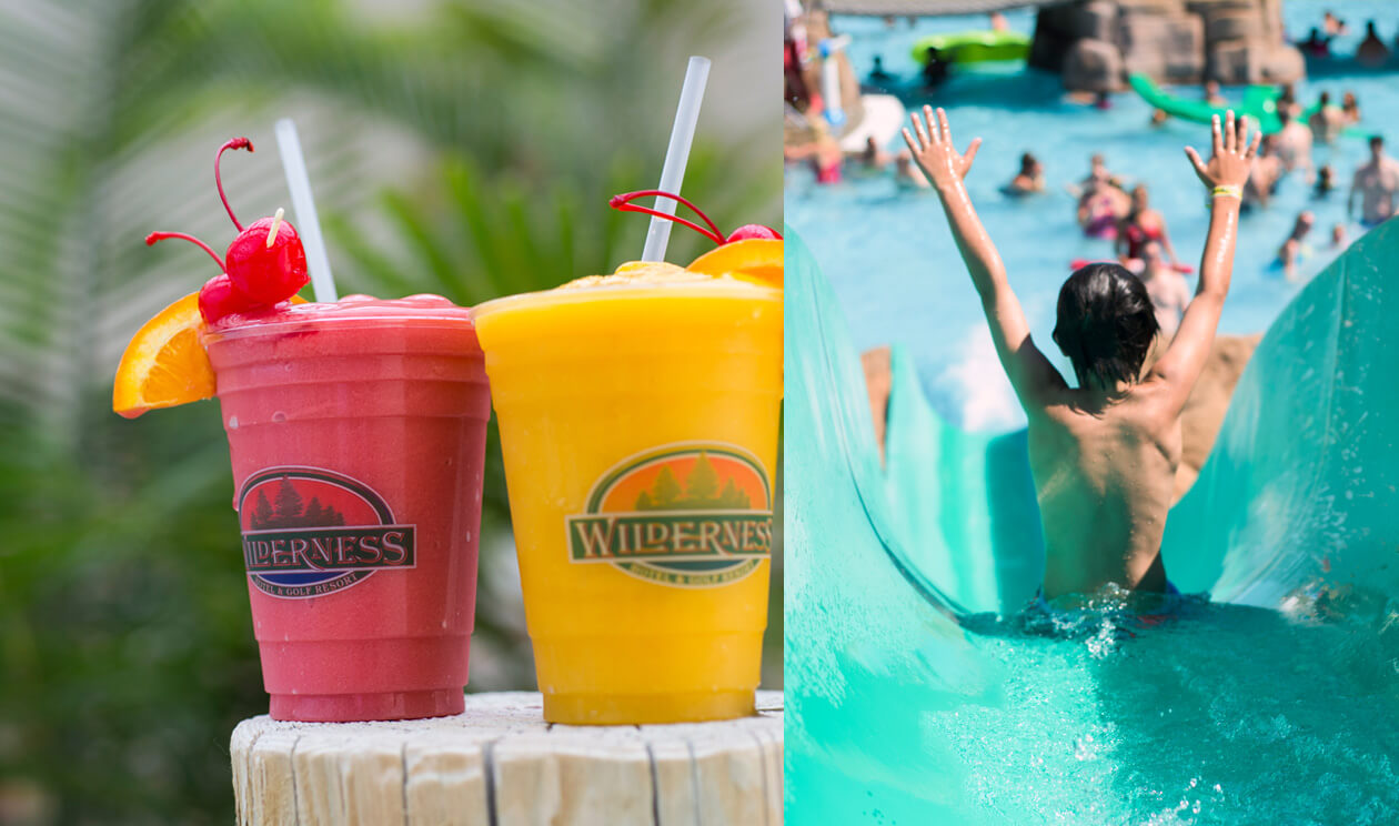 Fruity cocktails and a kid going down a waterslide