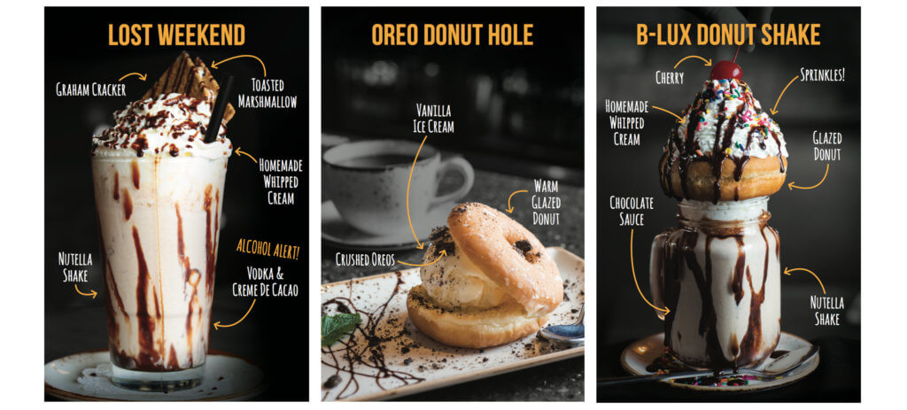 B-Lux desserts - shake, donut, and donut-topped shake.