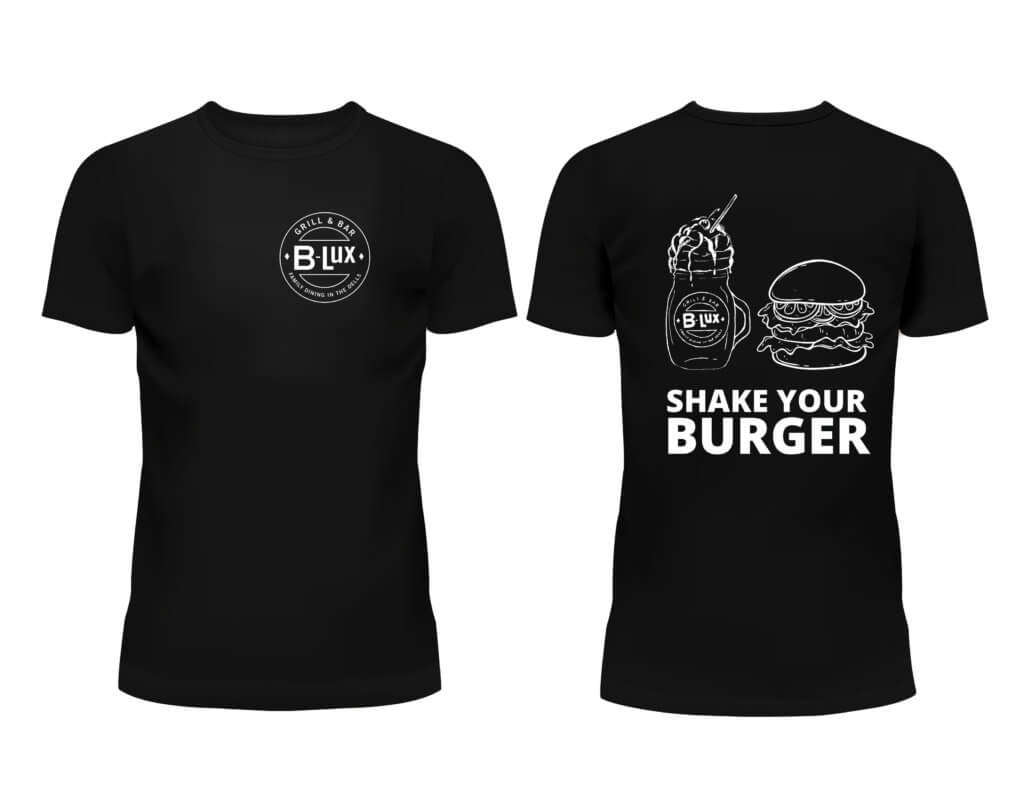 B-Lux shirt design with company logo and shake your burger text
