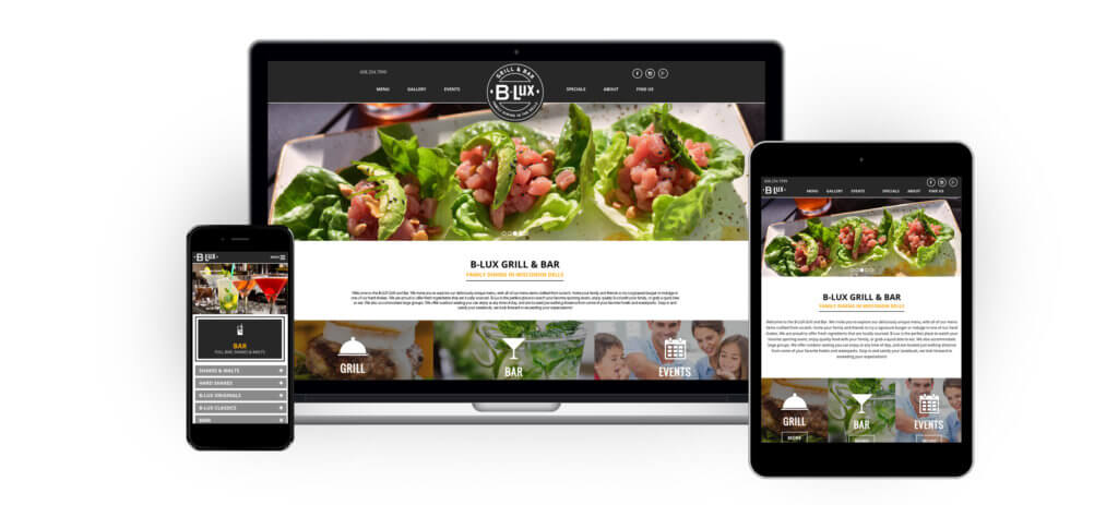 B-Lux website displayed on a computer, mobile phone, and tablet