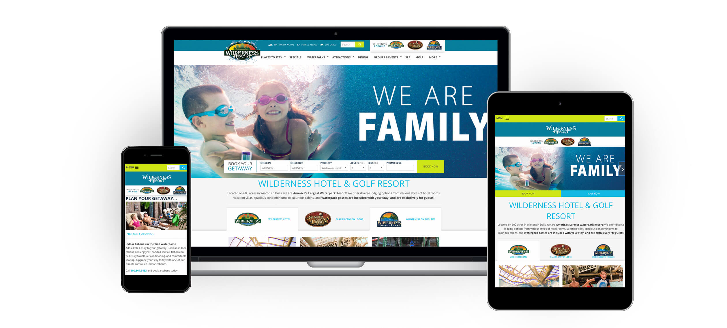 The Wilderness Resort website displayed on a computer, mobile phone, and tablet