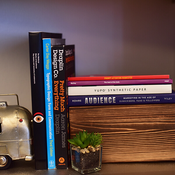 Bookshelf with marketing books