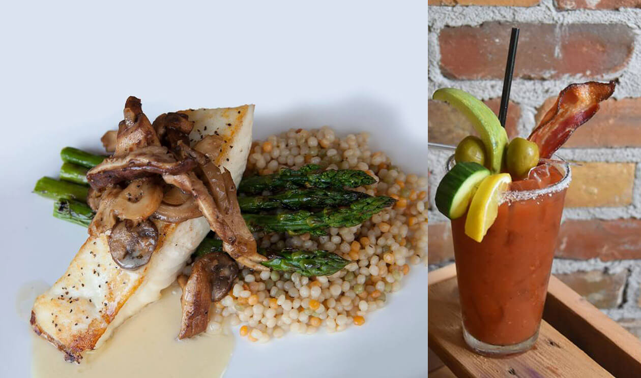 Fish dish with asparagus and a Bloody Mary