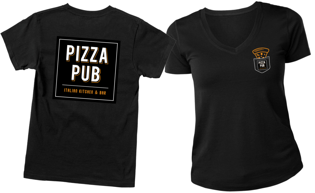 Pizza Pub t-shirt with company logo and pizza slice graphic in breast pocket