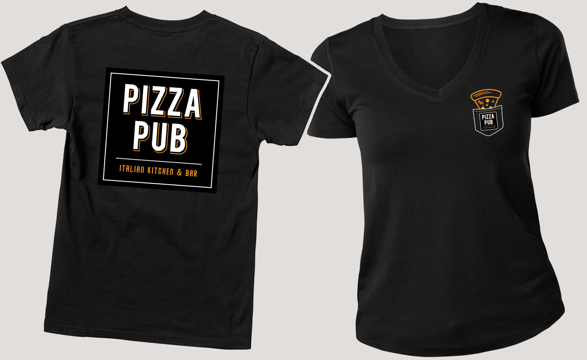 Pizza Pub t-shirt with company logo and pizza slice graphic in breast pocket