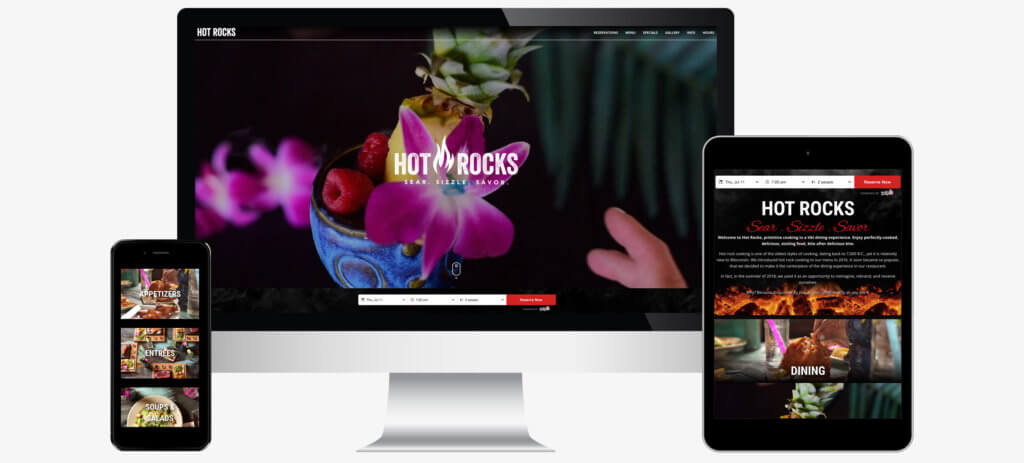 Hot Rocks website displayed on computer, mobile phone, and tablet