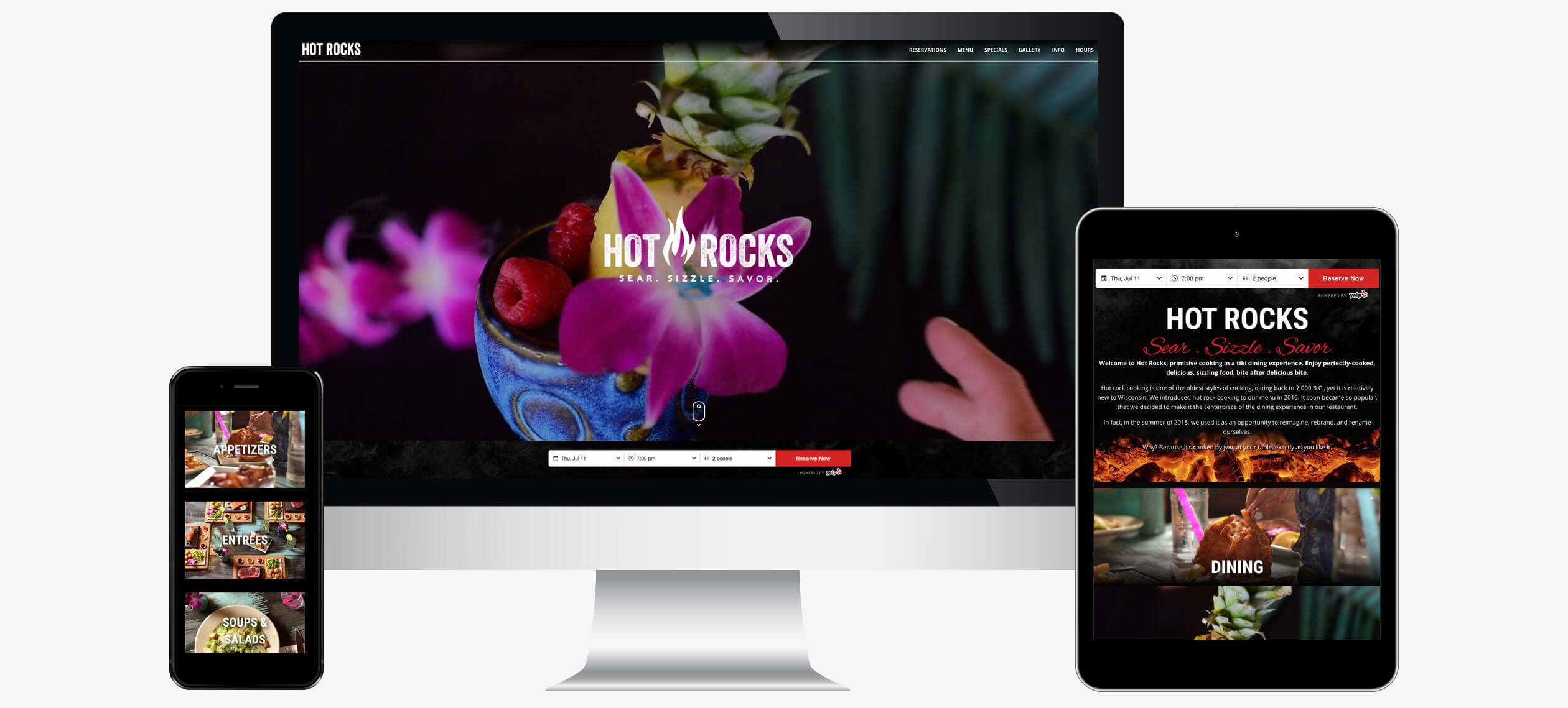 Hot Rocks website displayed on computer, mobile phone, and tablet