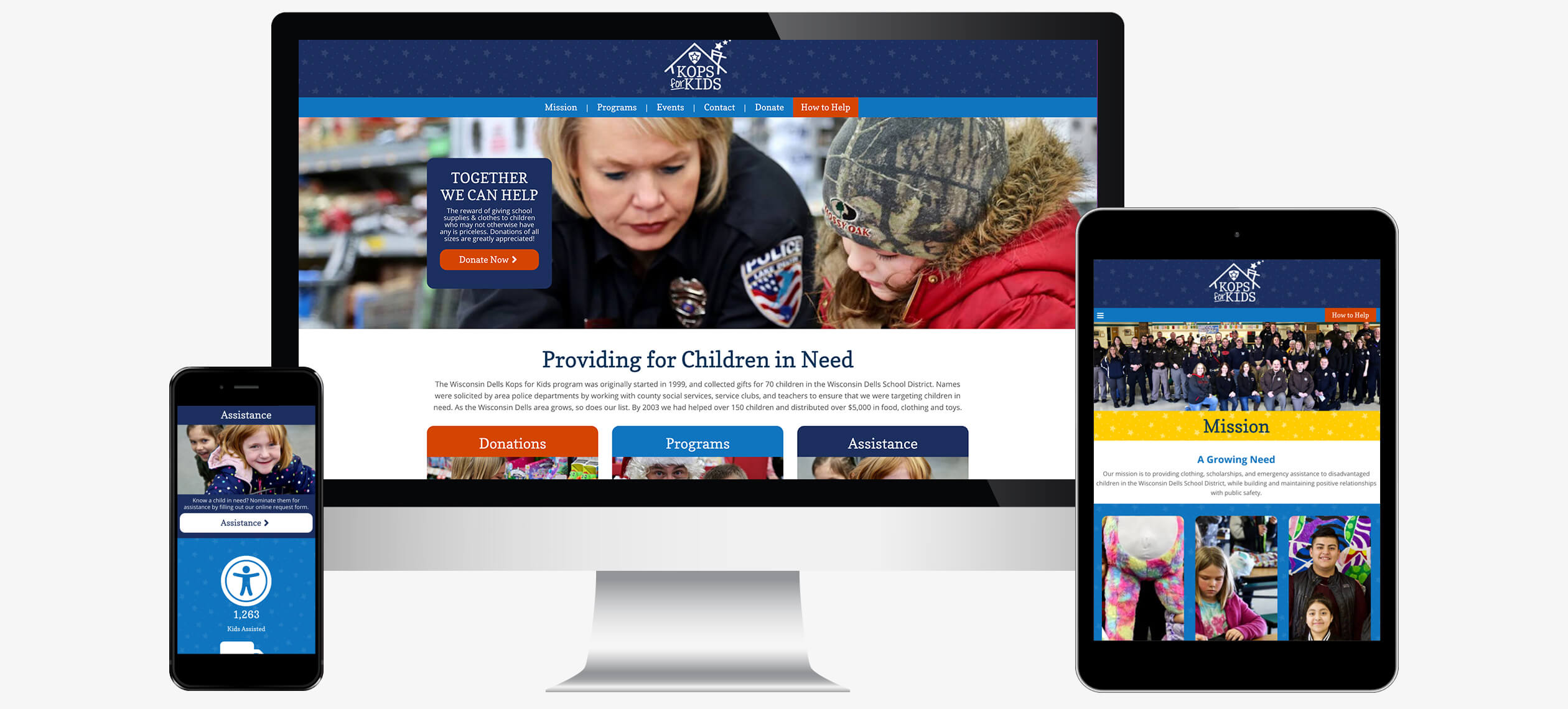 Kops for Kids website displayed on a computer, mobile phone, and tablet