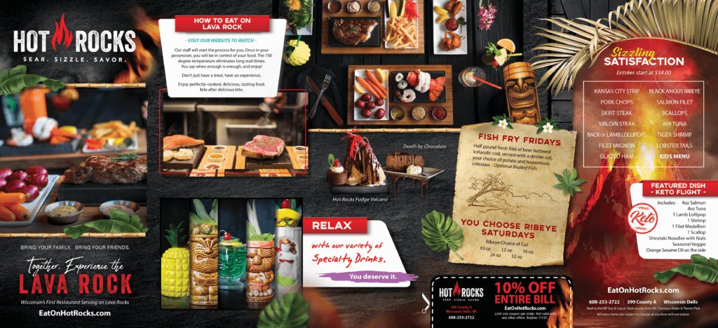 Hot Rocks brochure highlighting their food and drink options